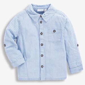 JoJo Maman Bebe Boys Blue White Ticking Stripe Button Down Collared Shirt. 2-3.